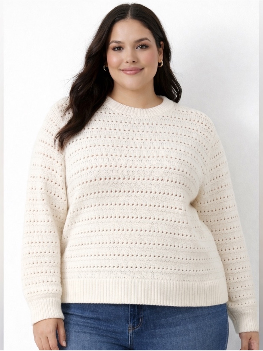 J.Crew Pointelle Sweater 2X Cream Ivory Open Knit Lightweight Cotton Pullover